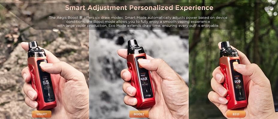 Banner showing the Geekvape Aegis Boost 3 Pod Kit's Adjustable Settings