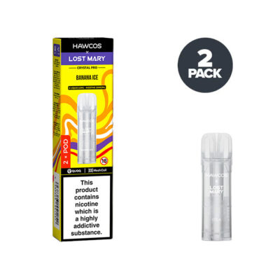 Lost Mary Hawcos vape pod packaging with a clear pod on a white background