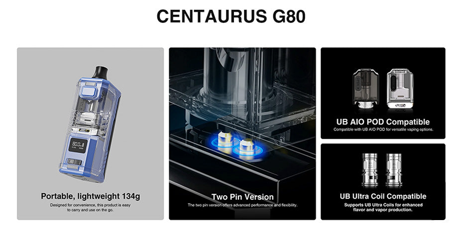 Banner showing the Lost Vape Centaurus G80 AIO Kit's Weight, Pods and Coils