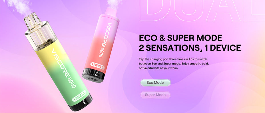 Banner showing the Uwell Viscore 8000 Starter Vape Kit's Vaping Modes