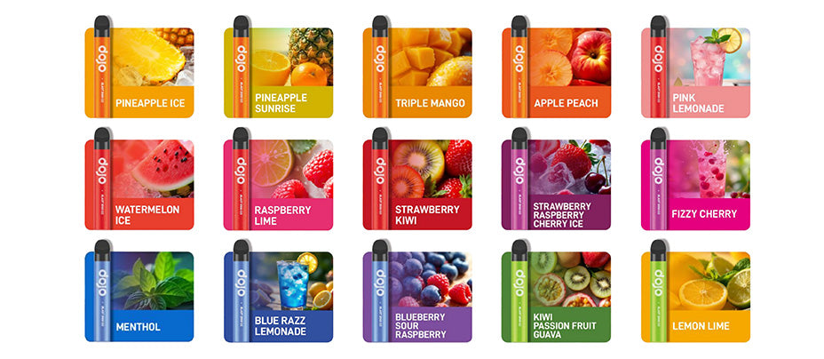 Banner showing all the Vaporesso Dojo Blast 2000 Go Kit Flavours