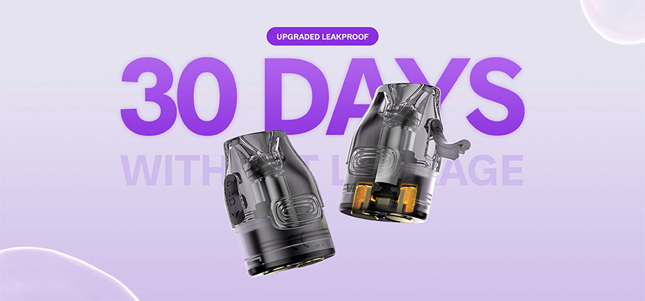 Banner showing two VooPoo Vmate Top Fill Pods with text that says that they are leakproof for 30 days