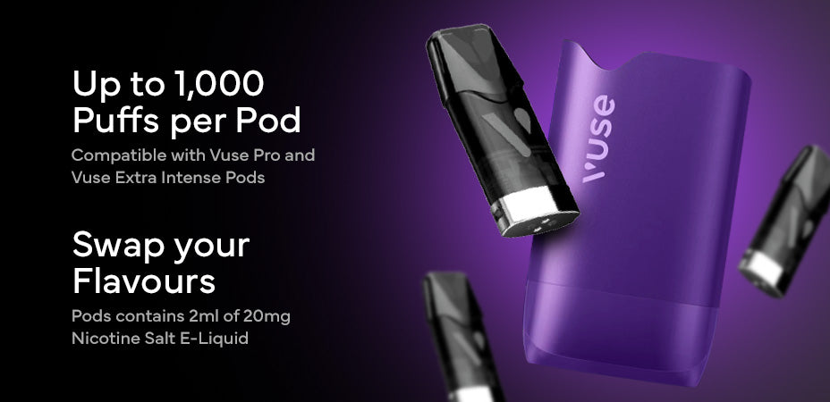 Vuse Go Reload Box and Pods on a dark background