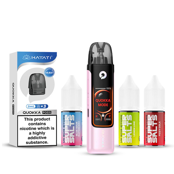 Baby Pink Hayati Quokka Pro Pod Kir with a pack of Quokka Pods and three 10ml Nic Salt E-Liquids