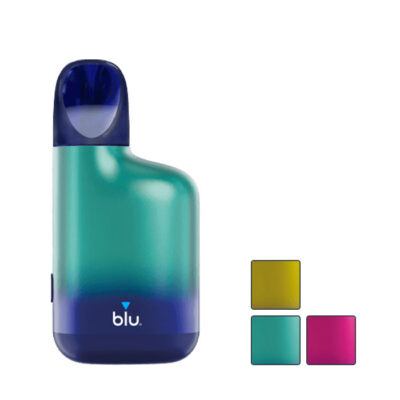 Blu Box Prefilled Pod Kit with three squares showcasing all available flavours