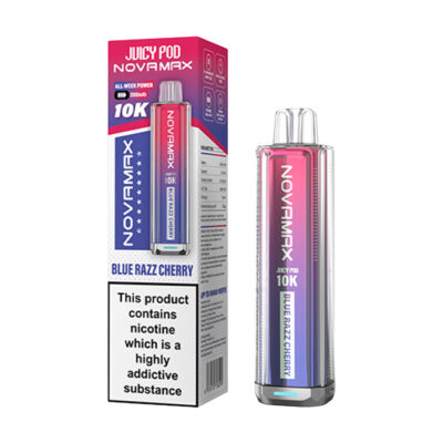 Blue Razz Cherry Juicy Pod Novamax 10K Prefilled Pod Kit and Box