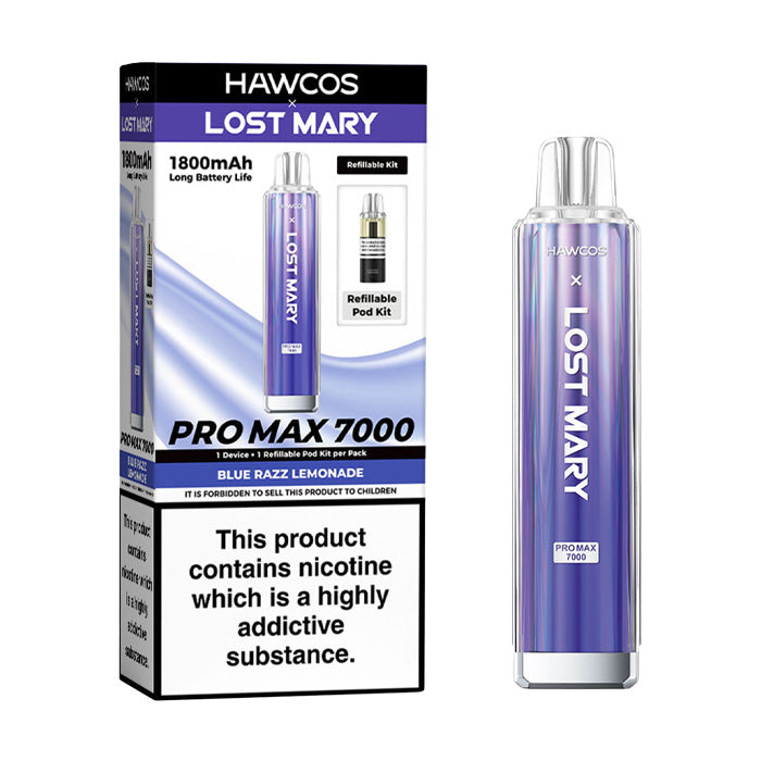Blue Razz Lemonade Hawcos X Lost Mary 7000 Pro Max Prefilled Pod Kit and Box