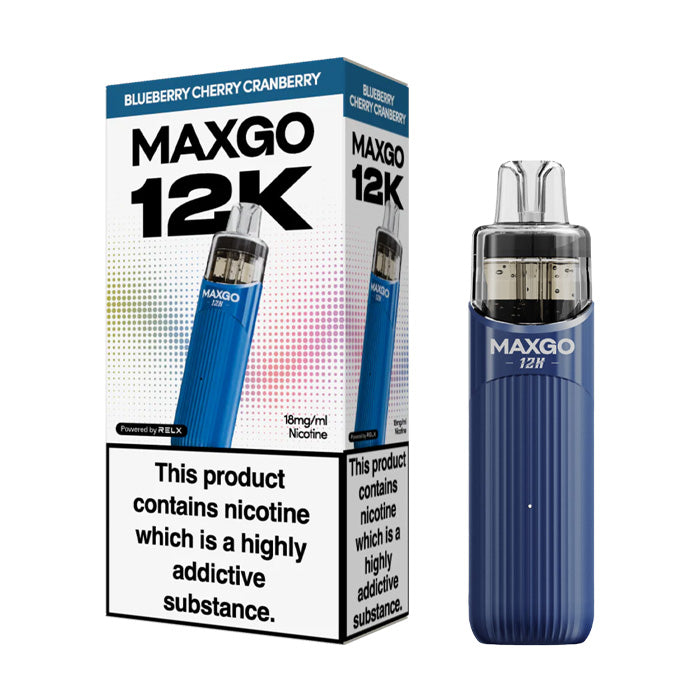 Blueberry Cherry Cranberry Relx MaxGo 12k Prefilled Pod Kit and Box