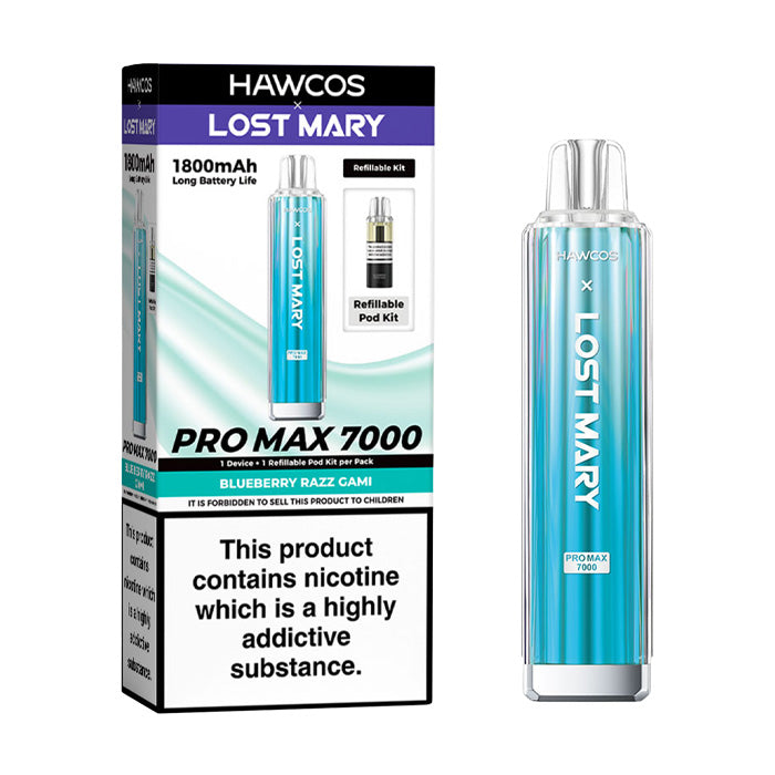 Blueberry Razz Gami Hawcos X Lost Mary 7000 Pro Max Prefilled Pod Kit and Box