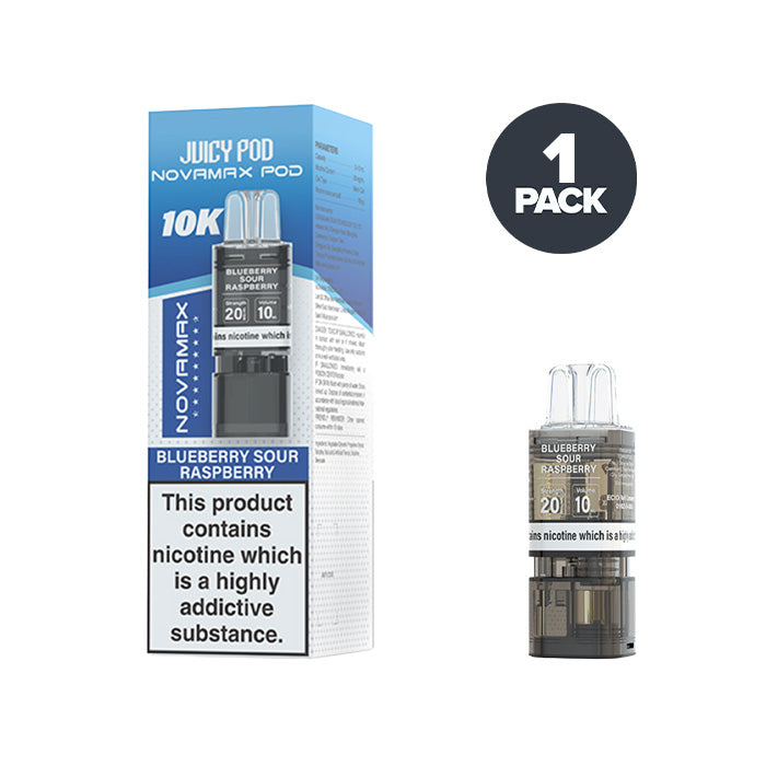 Blueberry Sour Raspberry Juicy Pod Novamax 10K Prefilled Pod and Box
