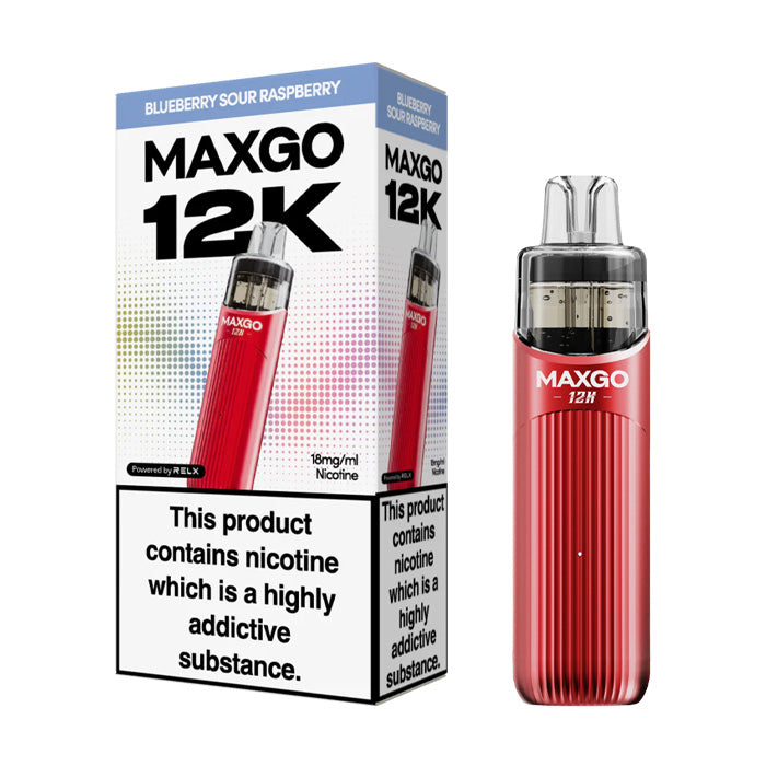 Blueberry Sour Raspberry Relx MaxGo 12k Prefilled Pod Kit and Box