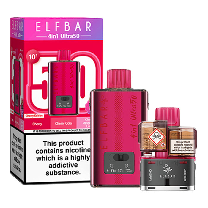 Cherry Elf Bar 4 in 1 Ultra 50 Prefilled Pod Kit and Box