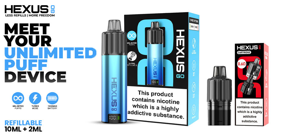Banner showing the Hexus Go Refillable Pod Kit and Pod with Packaging