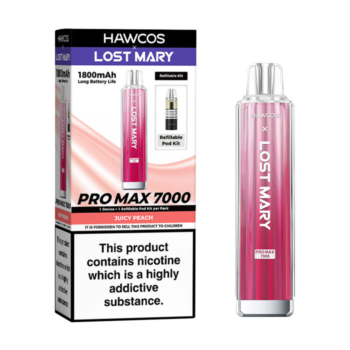 Juicy Peach Hawcos X Lost Mary 7000 Pro Max Prefilled Pod Kit and Box