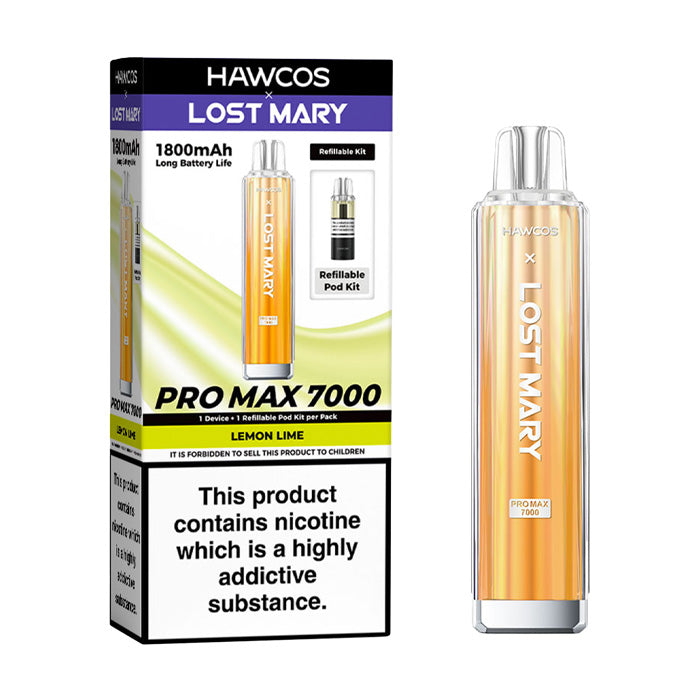 Lemon Lime Hawcos X Lost Mary 7000 Pro Max Prefilled Pod Kit and Box