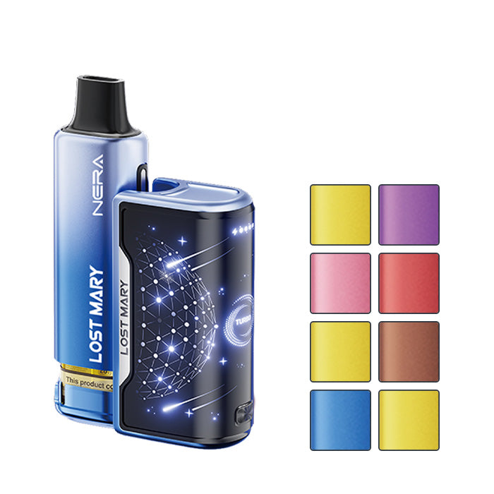 Lost Mary Nera 15K Fullview Pod Kit with eight squares showcasing eight out of the twenty available flavours