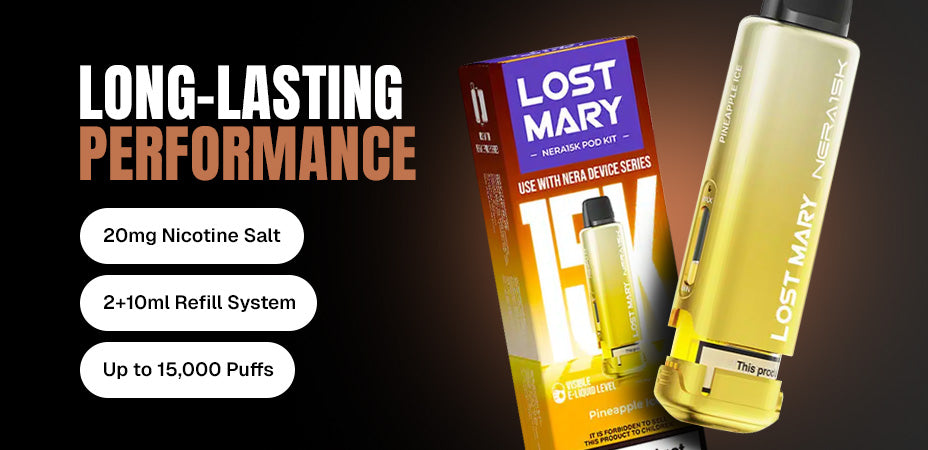 Banner showing the Lost Mary Nera 15K Pod Kit's puff count, and 2 + 10ml refill system