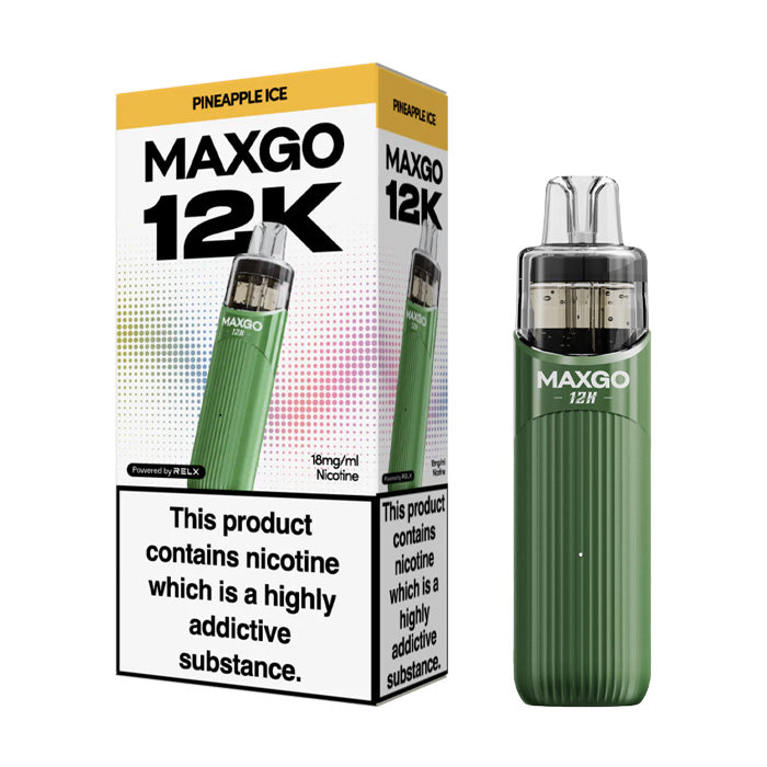 Pineapple Ice Relx MaxGo 12k Prefilled Pod Kit and Box