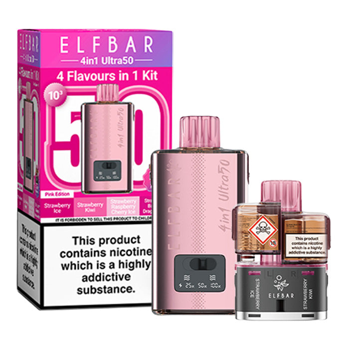 Pink Edition Elf Bar 4 in 1 Ultra 50 Prefilled Pod Kit and Box
