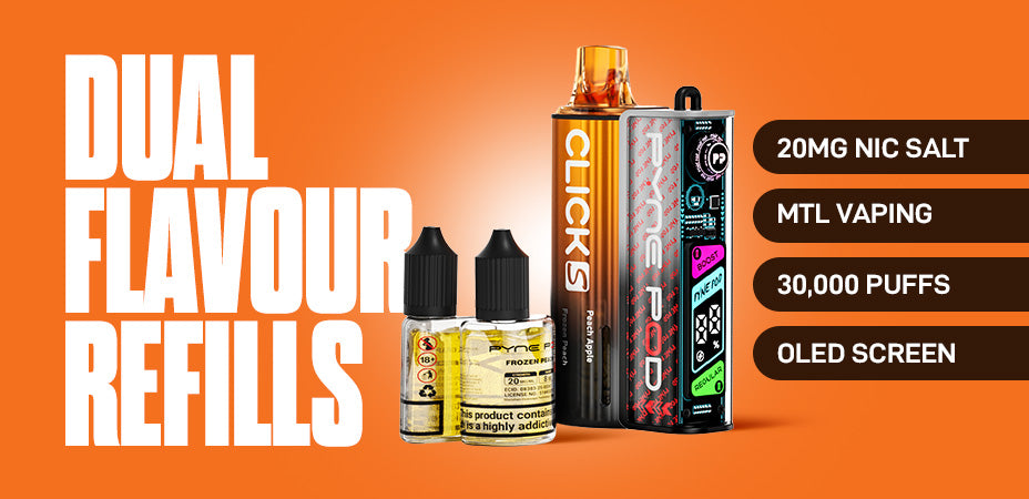 A banner showcasing the dual pod refill design for the Pyne Pod Click S 30K Pod Kit