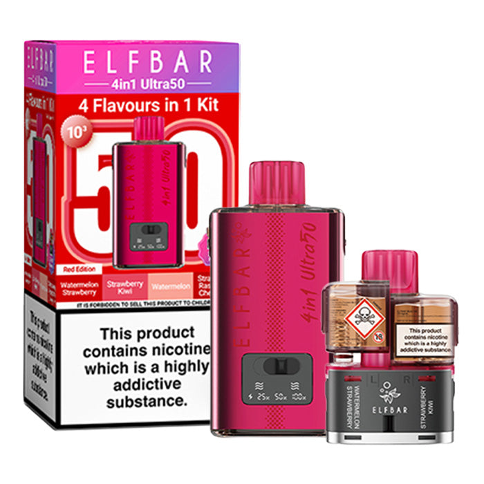Red Edition Elf Bar 4 in 1 Ultra 50 Prefilled Pod Kit and Box