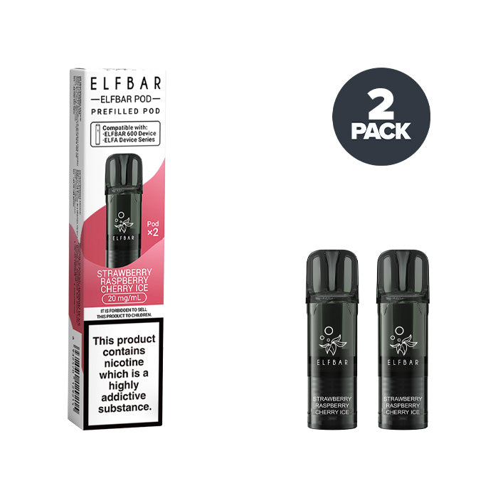 Two Strawberry Raspberry Cherry Ice Elf Bar 600 Prefilled Pods with Box