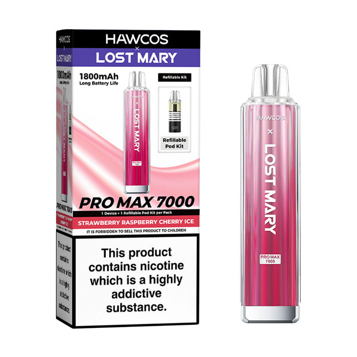 Strawberry Raspberry Cherry Ice Hawcos X Lost Mary 7000 Pro Max Prefilled Pod Kit and Box