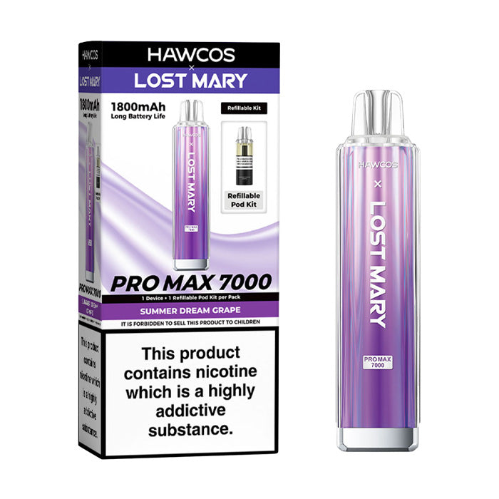Summer Dream Grape Hawcos X Lost Mary 7000 Pro Max Prefilled Pod Kit and Box