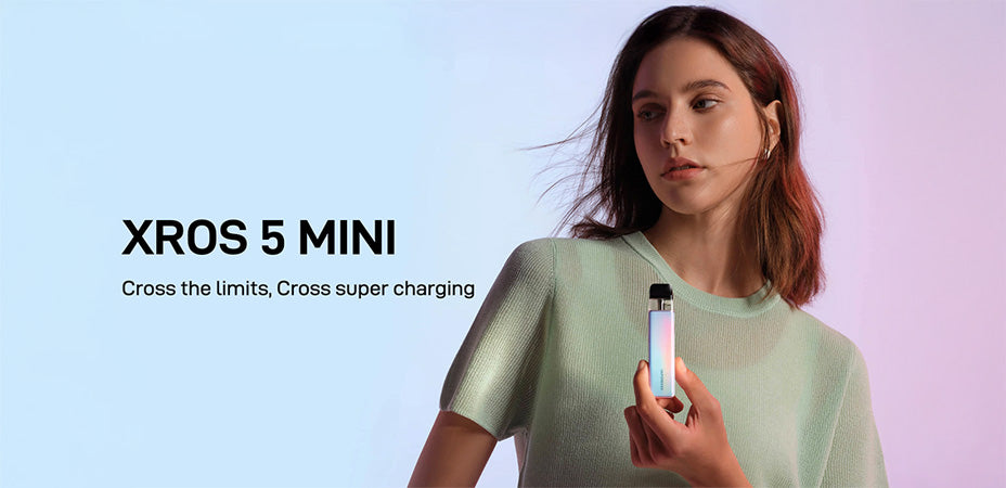Banner showing a woman holding the Vaporesso Xros 5 Mini Pod Kit