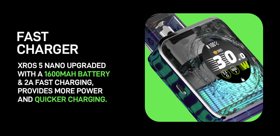 Banner showing the Vaporesso XROS 5 Nano Pod Kit's Battery and Charging Capabilities