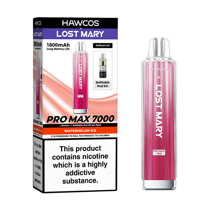Watermelon Ice Hawcos X Lost Mary 7000 Pro Max Prefilled Pod Kit and Box